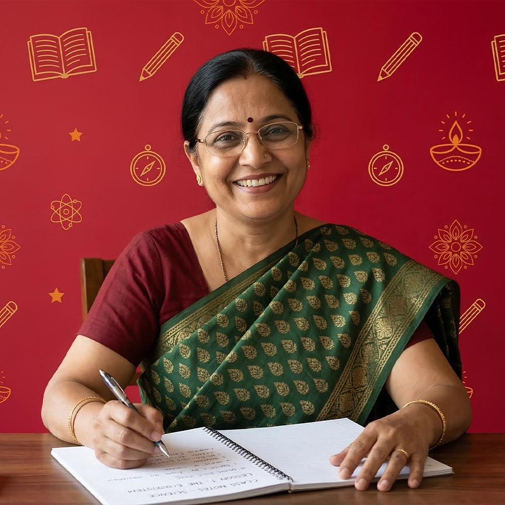 A woman wearing glasses holding a red folder.