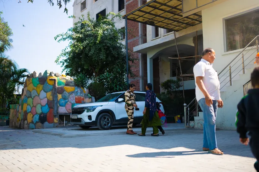 An aerial view of a house and garden.