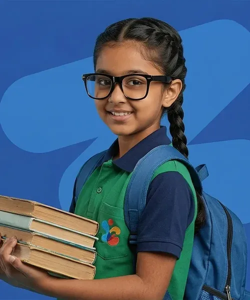 A little girl wearing a yellow backpack and smiling.